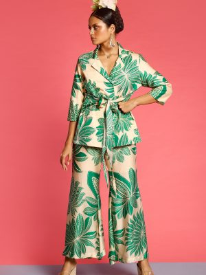 Skandamata Green Embroidered Front Knot Jacket Pant Coord