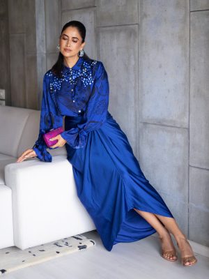 Blue Embroidered Shirt Wrap Skirt Set