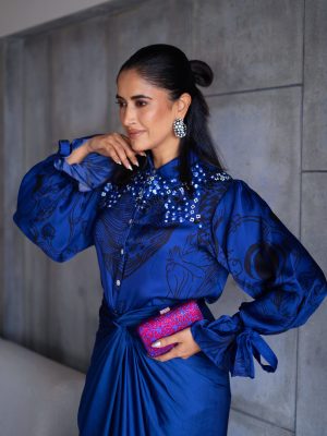 Blue Embroidered Shirt Wrap Skirt Set