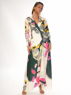 Green Abstract Cut Jacket Drape Skirt Set