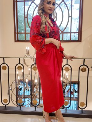 Red Embroidered Shirt Wrap Skirt Set